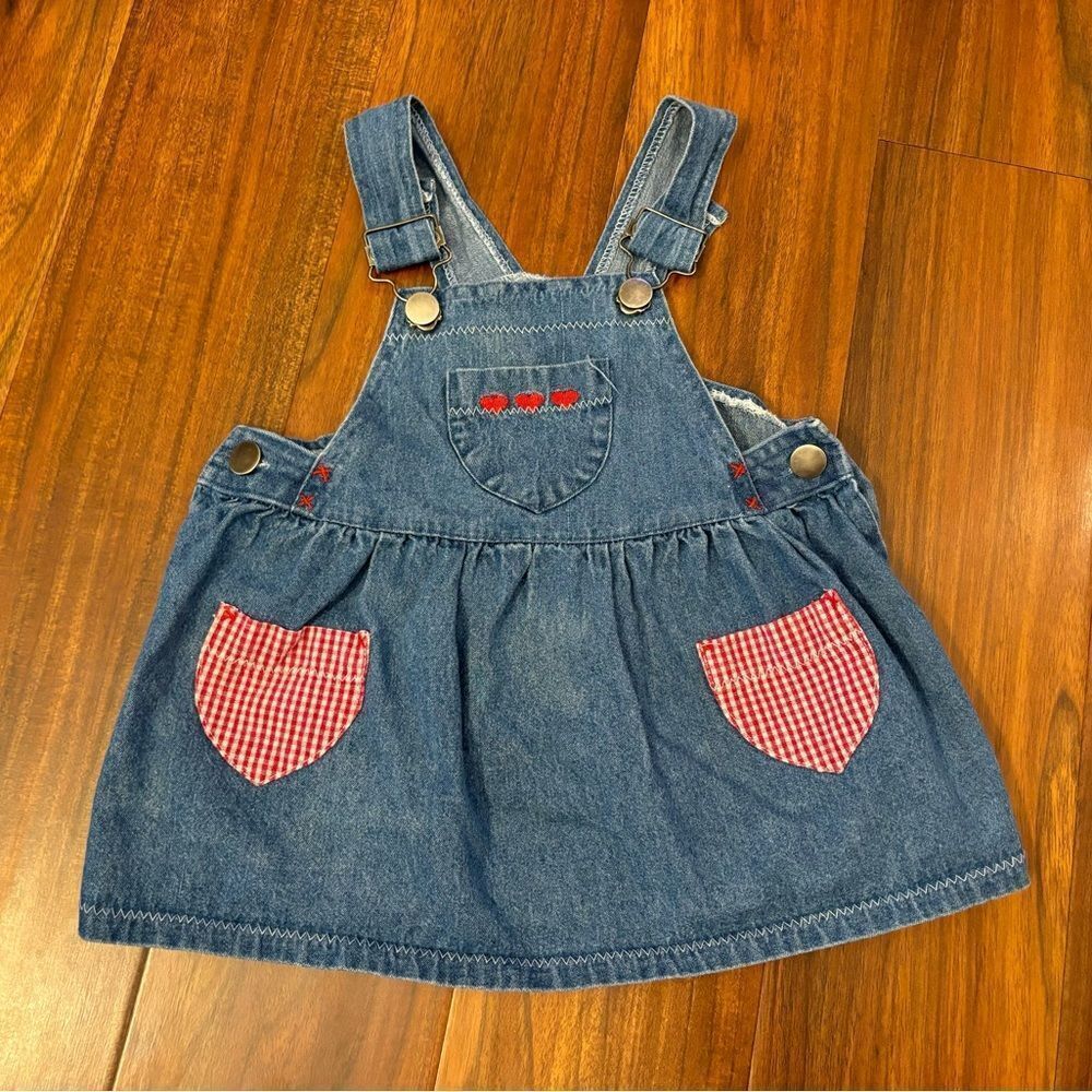 Vintage denim overall dress embroidered heart red plaid accents